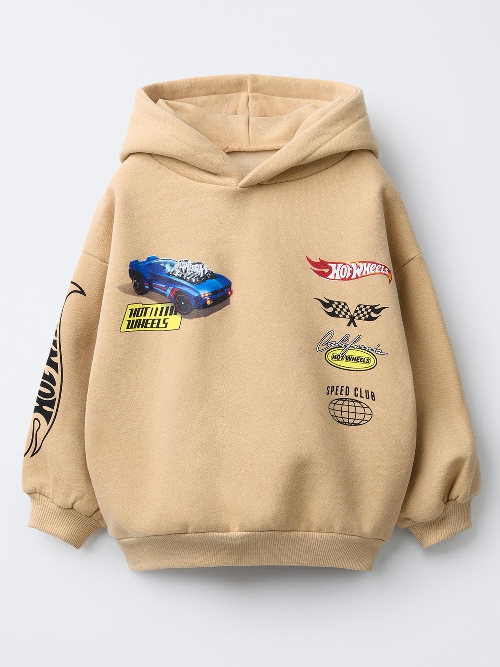Zara Hot Wheels Beige Hoodie with Blue Car & Yellow Graphics